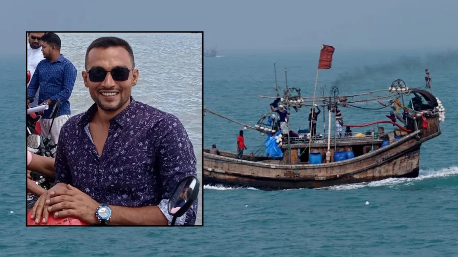 মাছ ধরার ট্রলারের প্রতীকী ছবি (ইনসেটে অভিযুক্ত জসীম উদ্দীন মৃধা)।